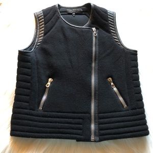 rag & bone black leather wool moto zip vest medium